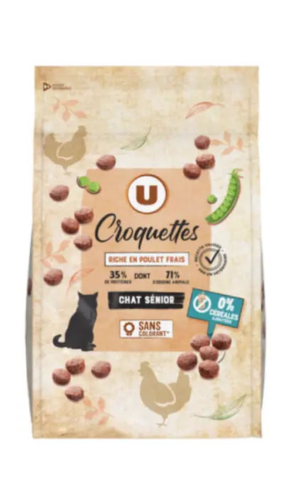U Croquettes sans céréales riches en poulet frais pour chat sénior